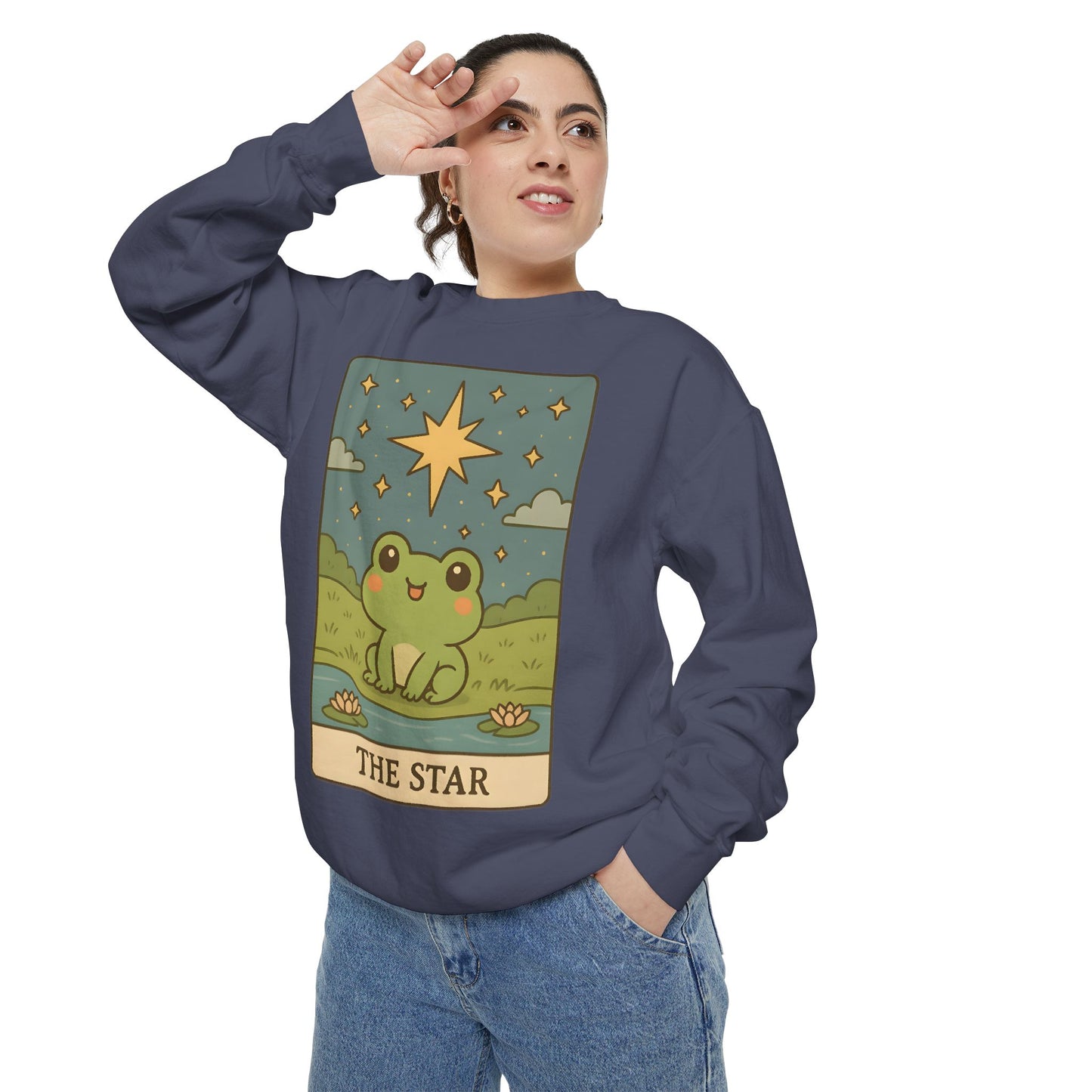 Cozy Tarotoads! "The Star" Unisex Sweatshirt | Frog Design Sweatshirt, Unisex Garment-Dyed Sweatshirt, Cute Gift for Frog Lovers, Relaxed Fit Apparel, Comfy Casual Wear, Perfect for Gifts!