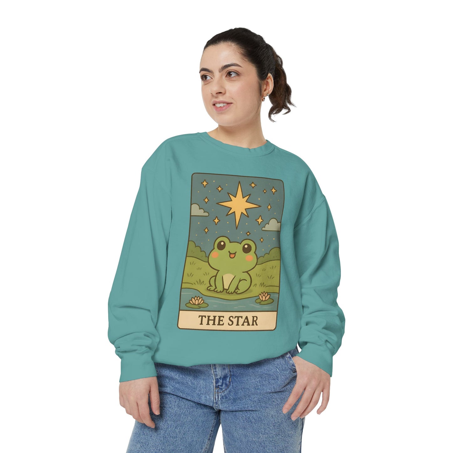 Cozy Tarotoads! "The Star" Unisex Sweatshirt | Frog Design Sweatshirt, Unisex Garment-Dyed Sweatshirt, Cute Gift for Frog Lovers, Relaxed Fit Apparel, Comfy Casual Wear, Perfect for Gifts!