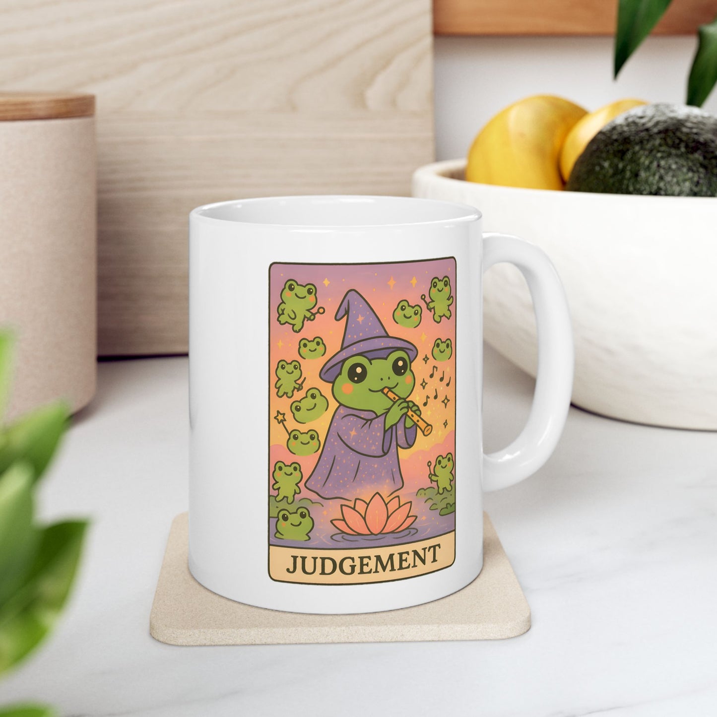 Adorable Tarotoads! "Judgement" White Ceramic Mug - Share Magical Moments, Nature Lover Gift, Customizable Mug, Inspirational Quote, Unique Kitchenware