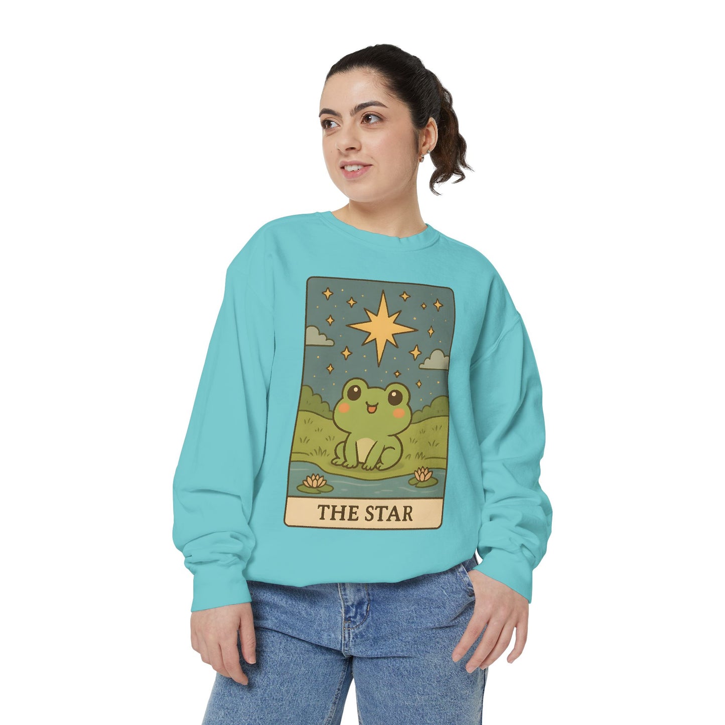 Cozy Tarotoads! "The Star" Unisex Sweatshirt | Frog Design Sweatshirt, Unisex Garment-Dyed Sweatshirt, Cute Gift for Frog Lovers, Relaxed Fit Apparel, Comfy Casual Wear, Perfect for Gifts!