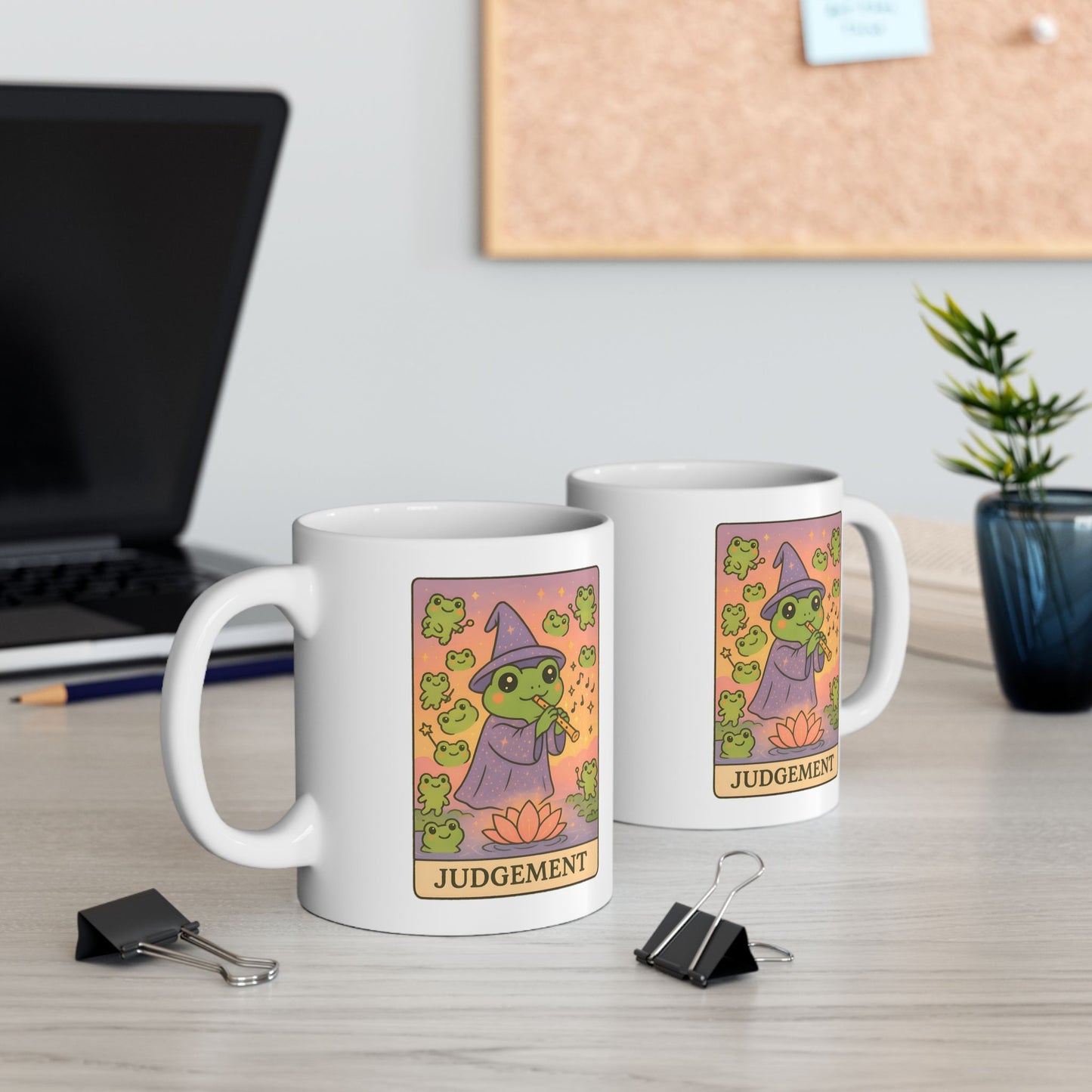 Adorable Tarotoads! "Judgement" White Ceramic Mug - Share Magical Moments, Nature Lover Gift, Customizable Mug, Inspirational Quote, Unique Kitchenware