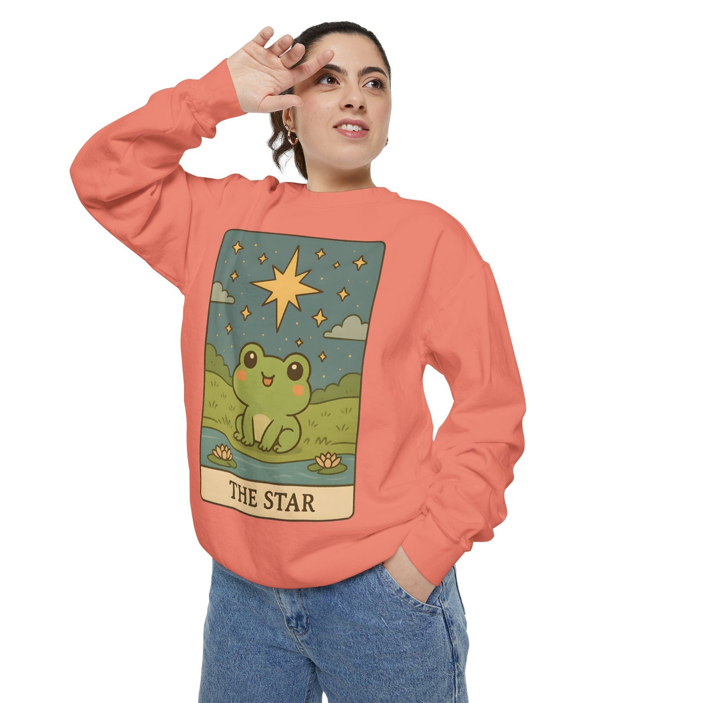 Cozy Tarotoads! "The Star" Unisex Sweatshirt | Frog Design Sweatshirt, Unisex Garment-Dyed Sweatshirt, Cute Gift for Frog Lovers, Relaxed Fit Apparel, Comfy Casual Wear, Perfect for Gifts!