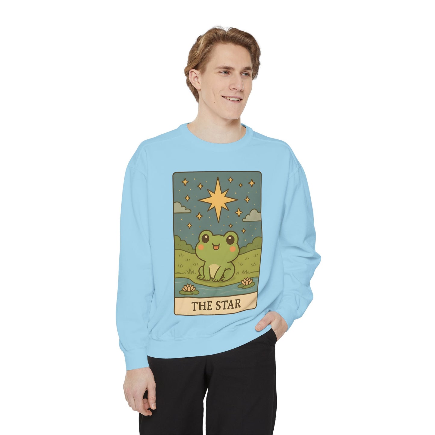 Cozy Tarotoads! "The Star" Unisex Sweatshirt | Frog Design Sweatshirt, Unisex Garment-Dyed Sweatshirt, Cute Gift for Frog Lovers, Relaxed Fit Apparel, Comfy Casual Wear, Perfect for Gifts!