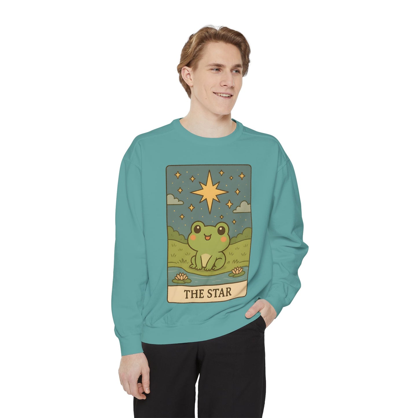 Cozy Tarotoads! "The Star" Unisex Sweatshirt | Frog Design Sweatshirt, Unisex Garment-Dyed Sweatshirt, Cute Gift for Frog Lovers, Relaxed Fit Apparel, Comfy Casual Wear, Perfect for Gifts!