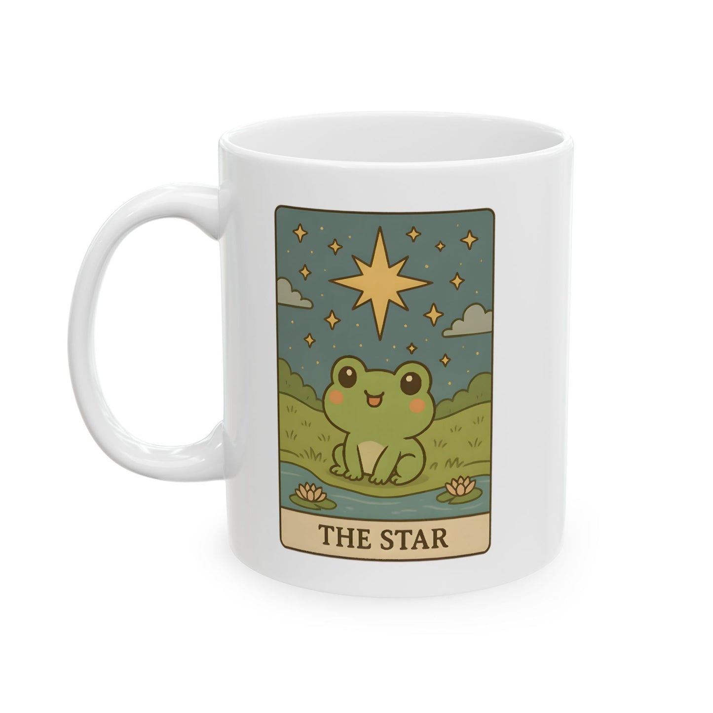 Adorable Tarotoads! "The Star" White Ceramic Mug | Whimsical Nature Ceramic Mug, Coffee Cup Gift, Eco-Friendly Drinkware, Adventure Vibes, Outdoor Lover's Mug