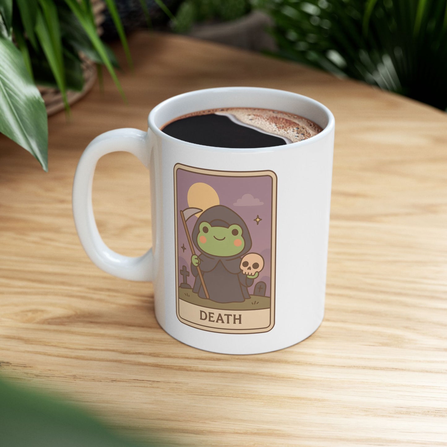 Adorable Tarotoads! "Death" White Ceramic Mug | Cozy Frog Witchy Magical Design, Cute Coffee Cup, Unique Tea Mug, Gift for Space Lovers, Home Decor