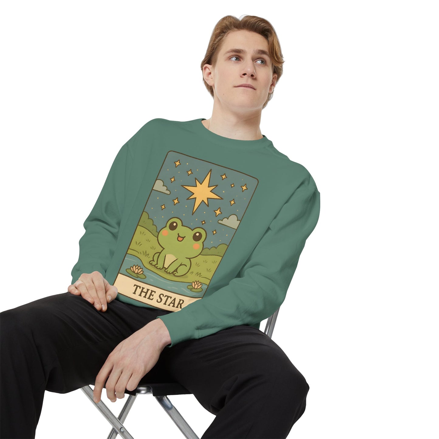 Cozy Tarotoads! "The Star" Unisex Sweatshirt | Frog Design Sweatshirt, Unisex Garment-Dyed Sweatshirt, Cute Gift for Frog Lovers, Relaxed Fit Apparel, Comfy Casual Wear, Perfect for Gifts!