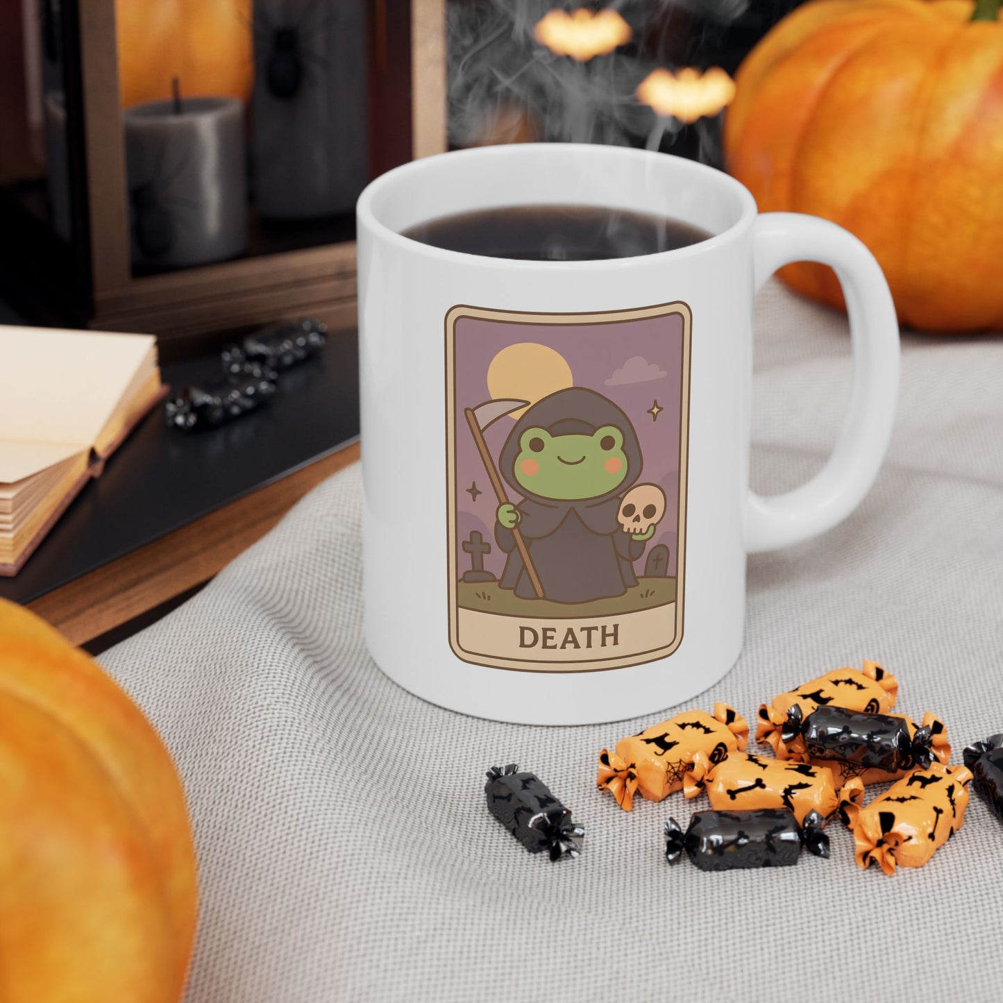 Adorable Tarotoads! "Death" White Ceramic Mug | Cozy Frog Witchy Magical Design, Cute Coffee Cup, Unique Tea Mug, Gift for Space Lovers, Home Decor