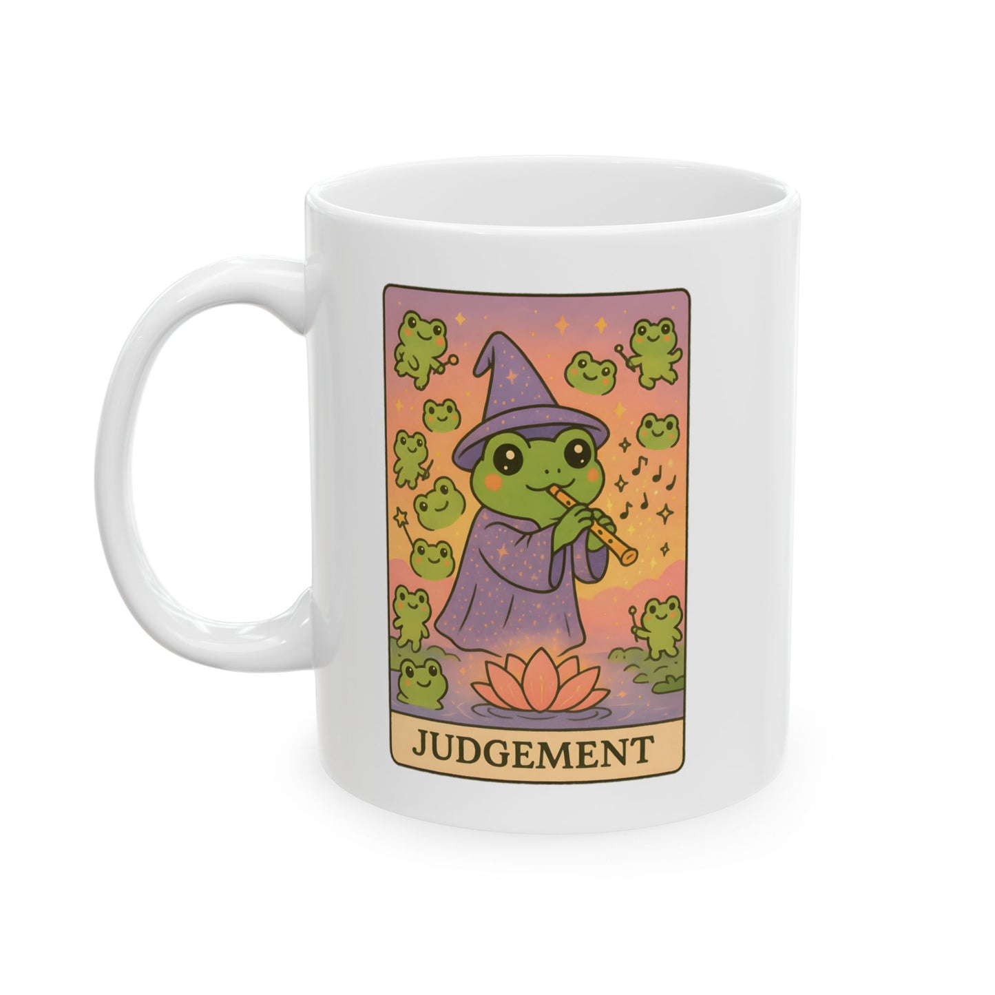 Adorable Tarotoads! "Judgement" White Ceramic Mug - Share Magical Moments, Nature Lover Gift, Customizable Mug, Inspirational Quote, Unique Kitchenware
