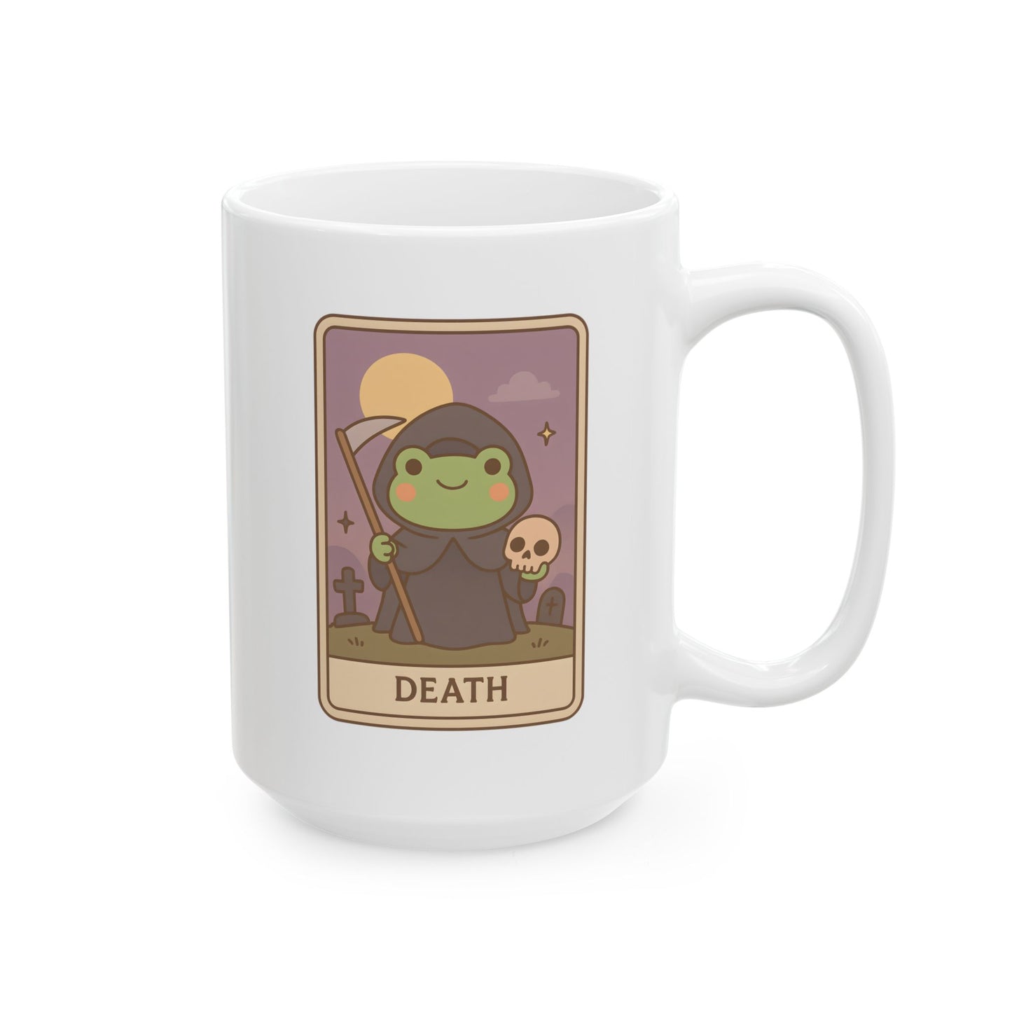 Adorable Tarotoads! "Death" White Ceramic Mug | Cozy Frog Witchy Magical Design, Cute Coffee Cup, Unique Tea Mug, Gift for Space Lovers, Home Decor