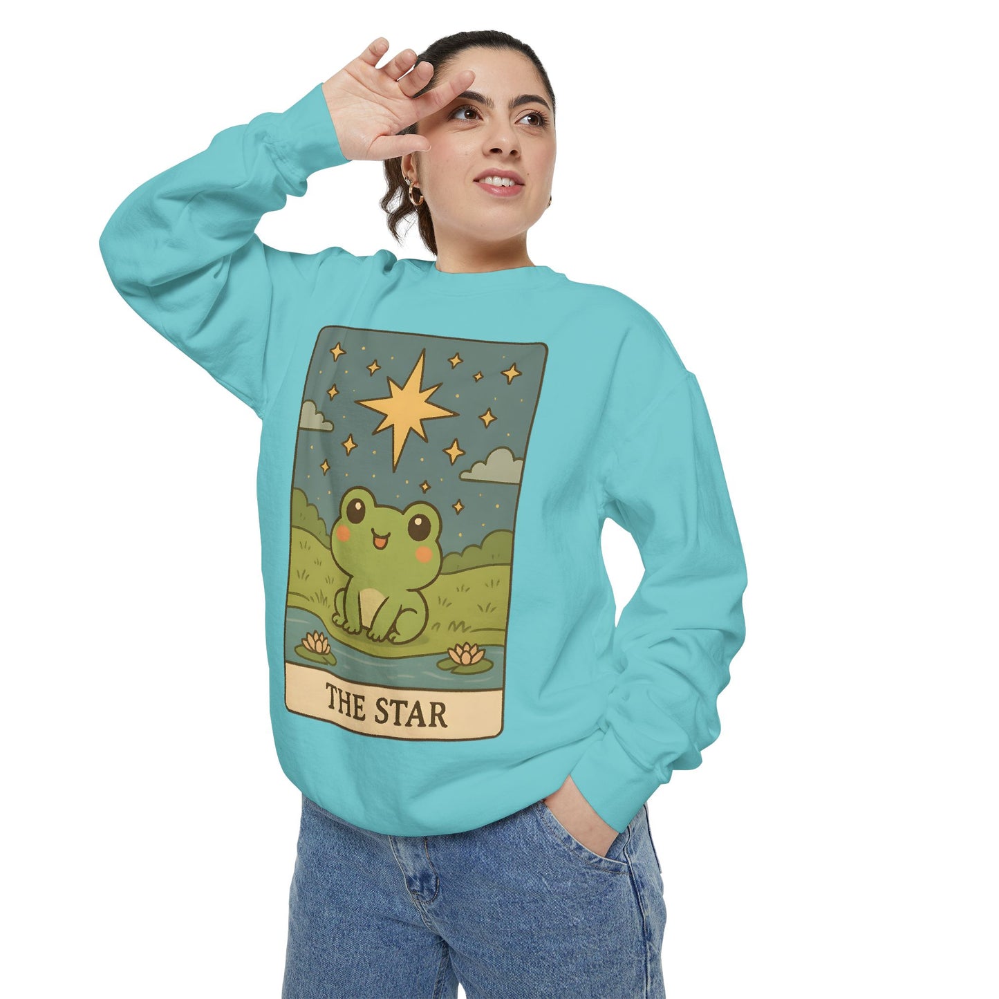 Cozy Tarotoads! "The Star" Unisex Sweatshirt | Frog Design Sweatshirt, Unisex Garment-Dyed Sweatshirt, Cute Gift for Frog Lovers, Relaxed Fit Apparel, Comfy Casual Wear, Perfect for Gifts!