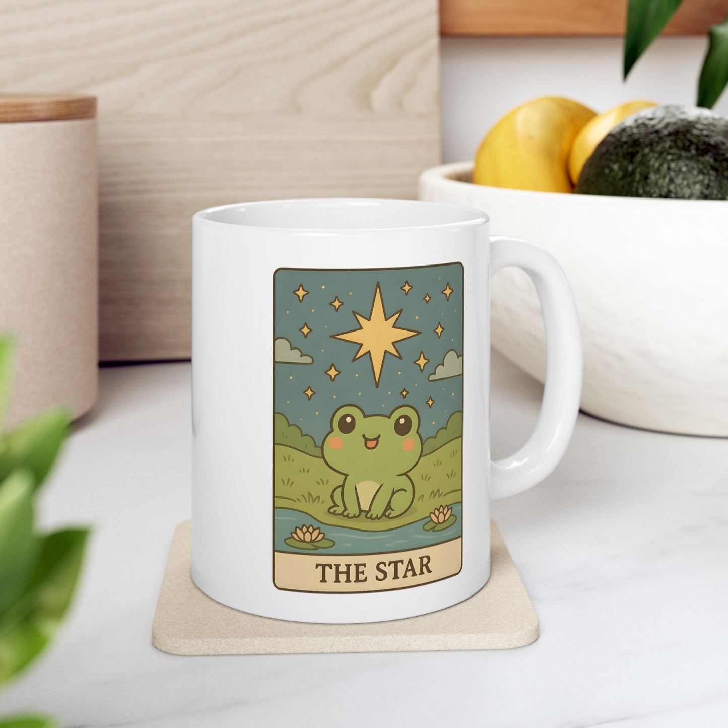 Adorable Tarotoads! "The Star" White Ceramic Mug | Whimsical Nature Ceramic Mug, Coffee Cup Gift, Eco-Friendly Drinkware, Adventure Vibes, Outdoor Lover's Mug