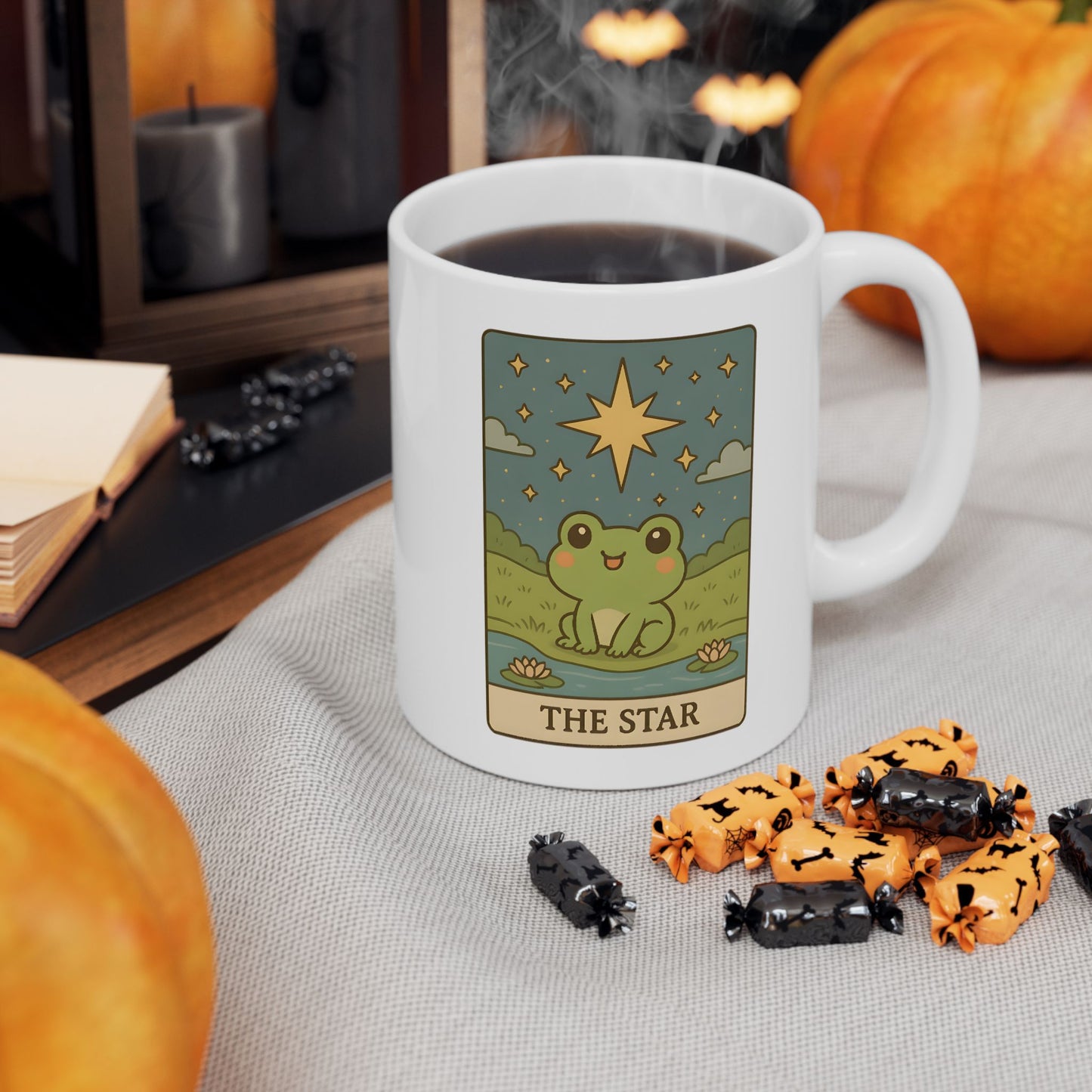 Adorable Tarotoads! "The Star" White Ceramic Mug | Whimsical Nature Ceramic Mug, Coffee Cup Gift, Eco-Friendly Drinkware, Adventure Vibes, Outdoor Lover's Mug