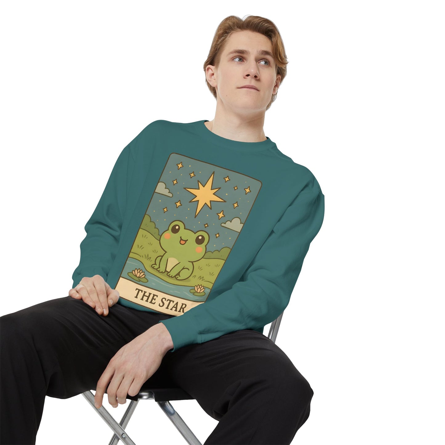 Cozy Tarotoads! "The Star" Unisex Sweatshirt | Frog Design Sweatshirt, Unisex Garment-Dyed Sweatshirt, Cute Gift for Frog Lovers, Relaxed Fit Apparel, Comfy Casual Wear, Perfect for Gifts!