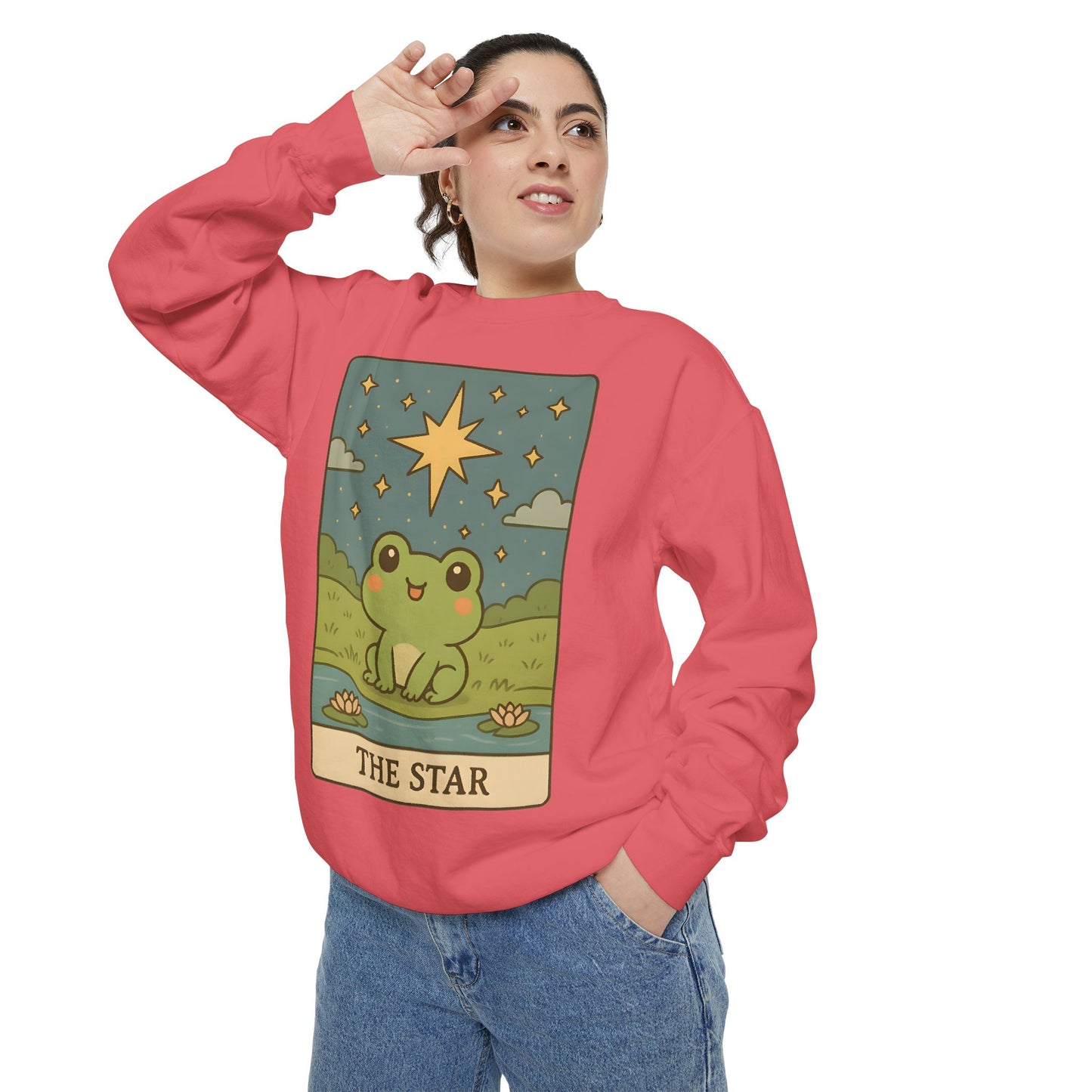 Cozy Tarotoads! "The Star" Unisex Sweatshirt | Frog Design Sweatshirt, Unisex Garment-Dyed Sweatshirt, Cute Gift for Frog Lovers, Relaxed Fit Apparel, Comfy Casual Wear, Perfect for Gifts!