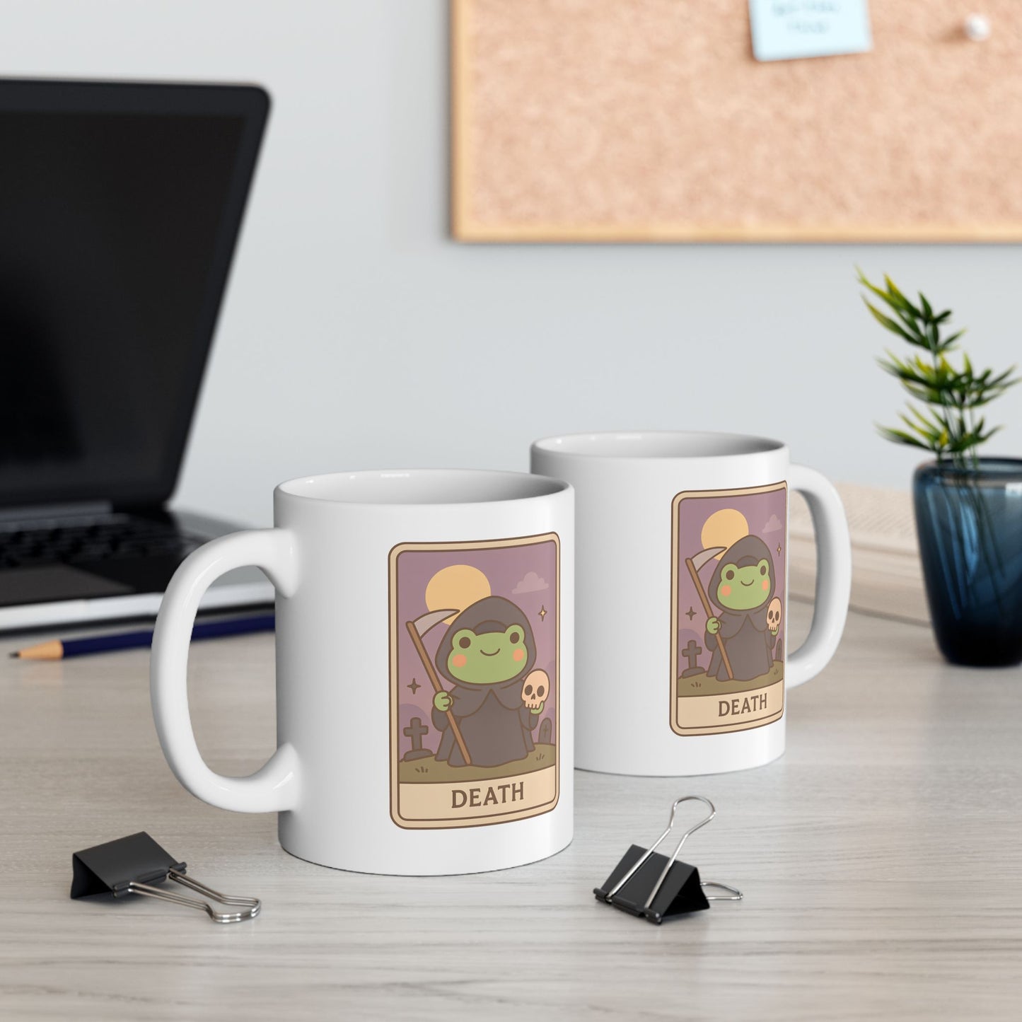 Adorable Tarotoads! "Death" White Ceramic Mug | Cozy Frog Witchy Magical Design, Cute Coffee Cup, Unique Tea Mug, Gift for Space Lovers, Home Decor