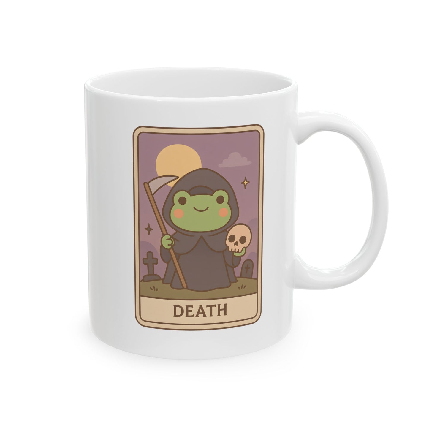 Adorable Tarotoads! "Death" White Ceramic Mug | Cozy Frog Witchy Magical Design, Cute Coffee Cup, Unique Tea Mug, Gift for Space Lovers, Home Decor