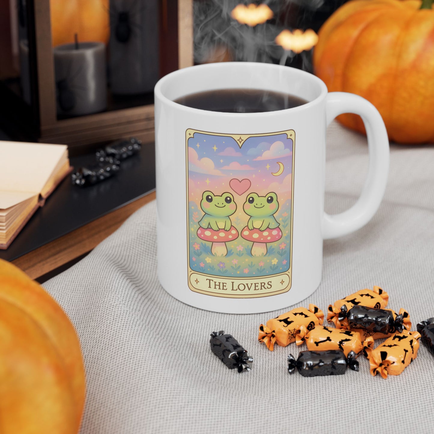 Adorable Tarotoads! "The Lovers" White Ceramic Mug | Cute Fantasy Design, Gift for Tea Lovers, Home Decor, Coffee Cup, Birthday Present, Cozy Vibes