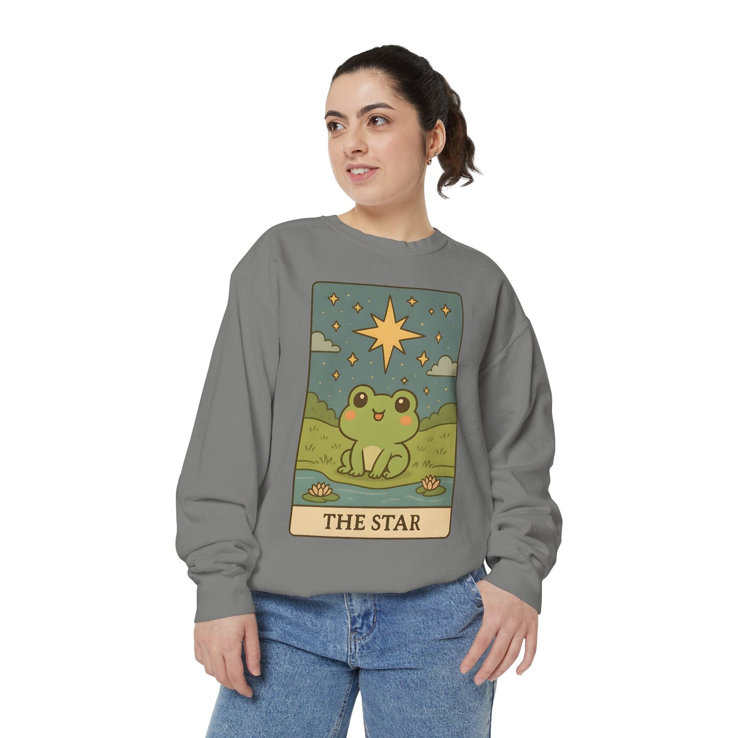 Cozy Tarotoads! "The Star" Unisex Sweatshirt | Frog Design Sweatshirt, Unisex Garment-Dyed Sweatshirt, Cute Gift for Frog Lovers, Relaxed Fit Apparel, Comfy Casual Wear, Perfect for Gifts!