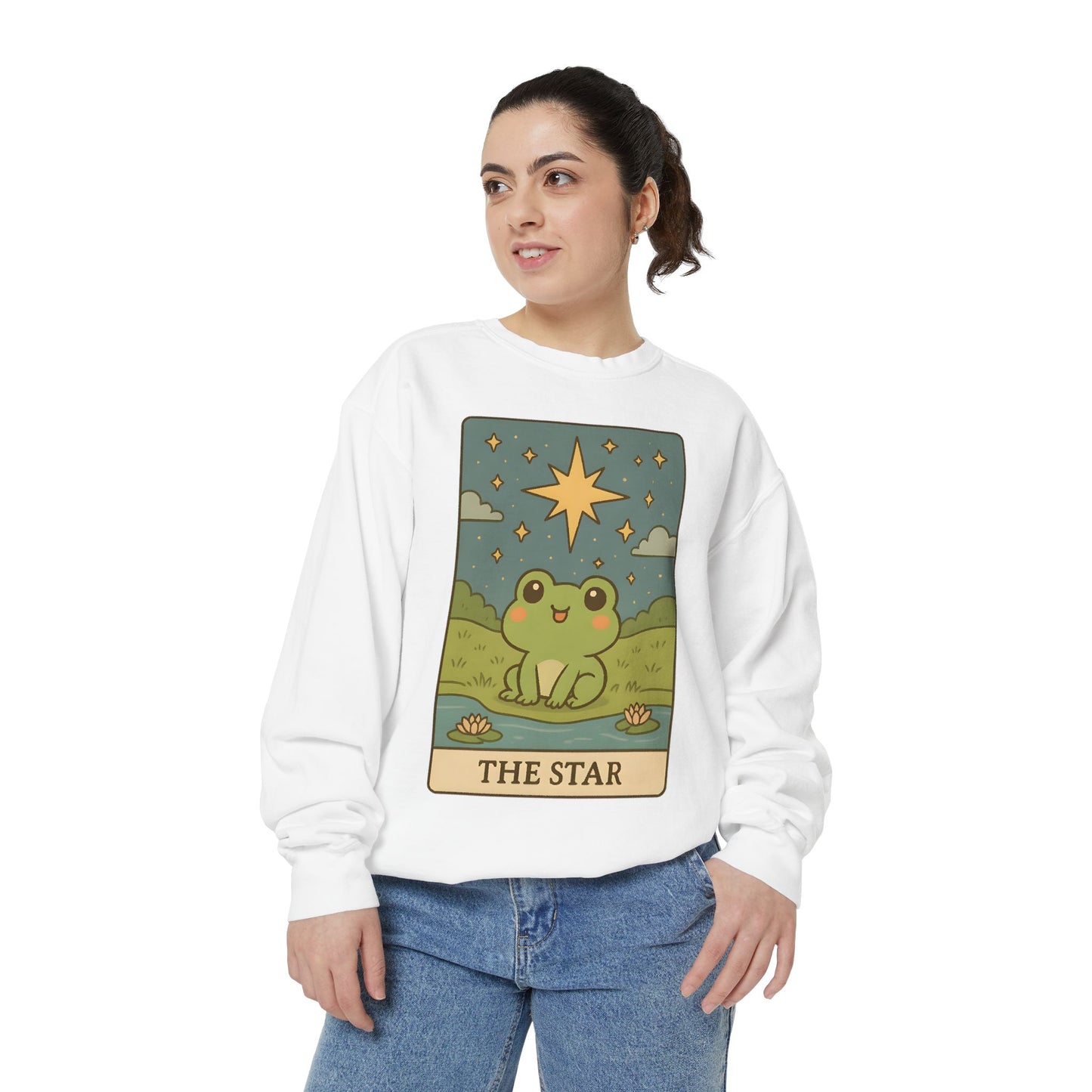 Cozy Tarotoads! "The Star" Unisex Sweatshirt | Frog Design Sweatshirt, Unisex Garment-Dyed Sweatshirt, Cute Gift for Frog Lovers, Relaxed Fit Apparel, Comfy Casual Wear, Perfect for Gifts!