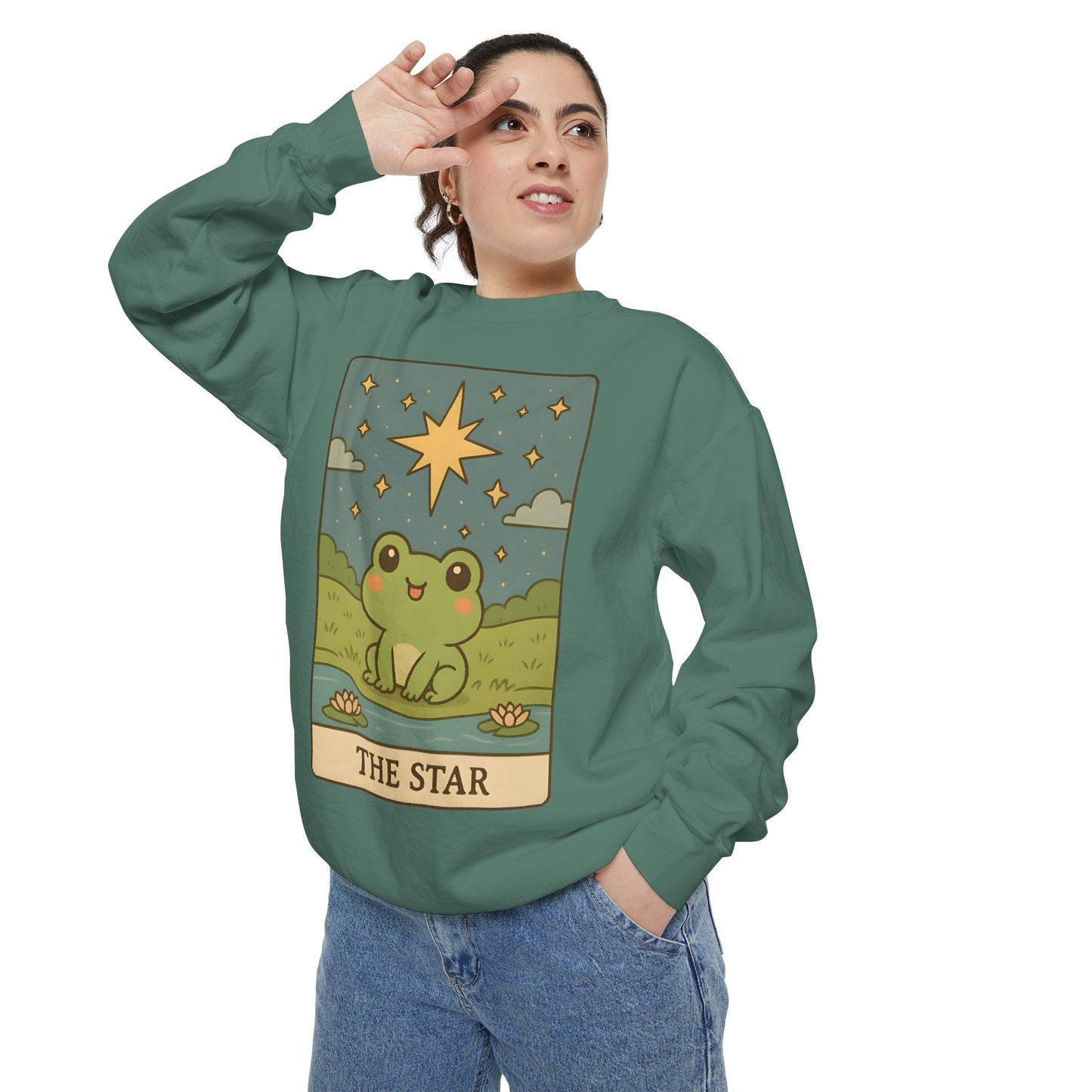 Cozy Tarotoads! "The Star" Unisex Sweatshirt | Frog Design Sweatshirt, Unisex Garment-Dyed Sweatshirt, Cute Gift for Frog Lovers, Relaxed Fit Apparel, Comfy Casual Wear, Perfect for Gifts!