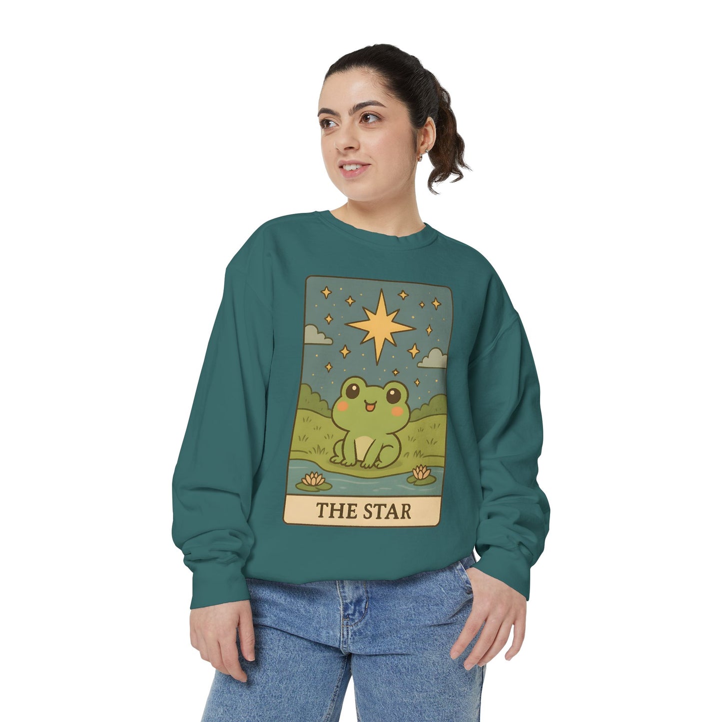 Cozy Tarotoads! "The Star" Unisex Sweatshirt | Frog Design Sweatshirt, Unisex Garment-Dyed Sweatshirt, Cute Gift for Frog Lovers, Relaxed Fit Apparel, Comfy Casual Wear, Perfect for Gifts!