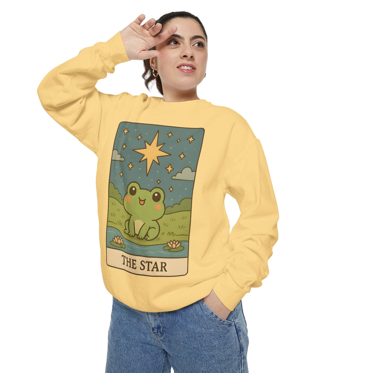 Cozy Tarotoads! "The Star" Unisex Sweatshirt | Frog Design Sweatshirt, Unisex Garment-Dyed Sweatshirt, Cute Gift for Frog Lovers, Relaxed Fit Apparel, Comfy Casual Wear, Perfect for Gifts!