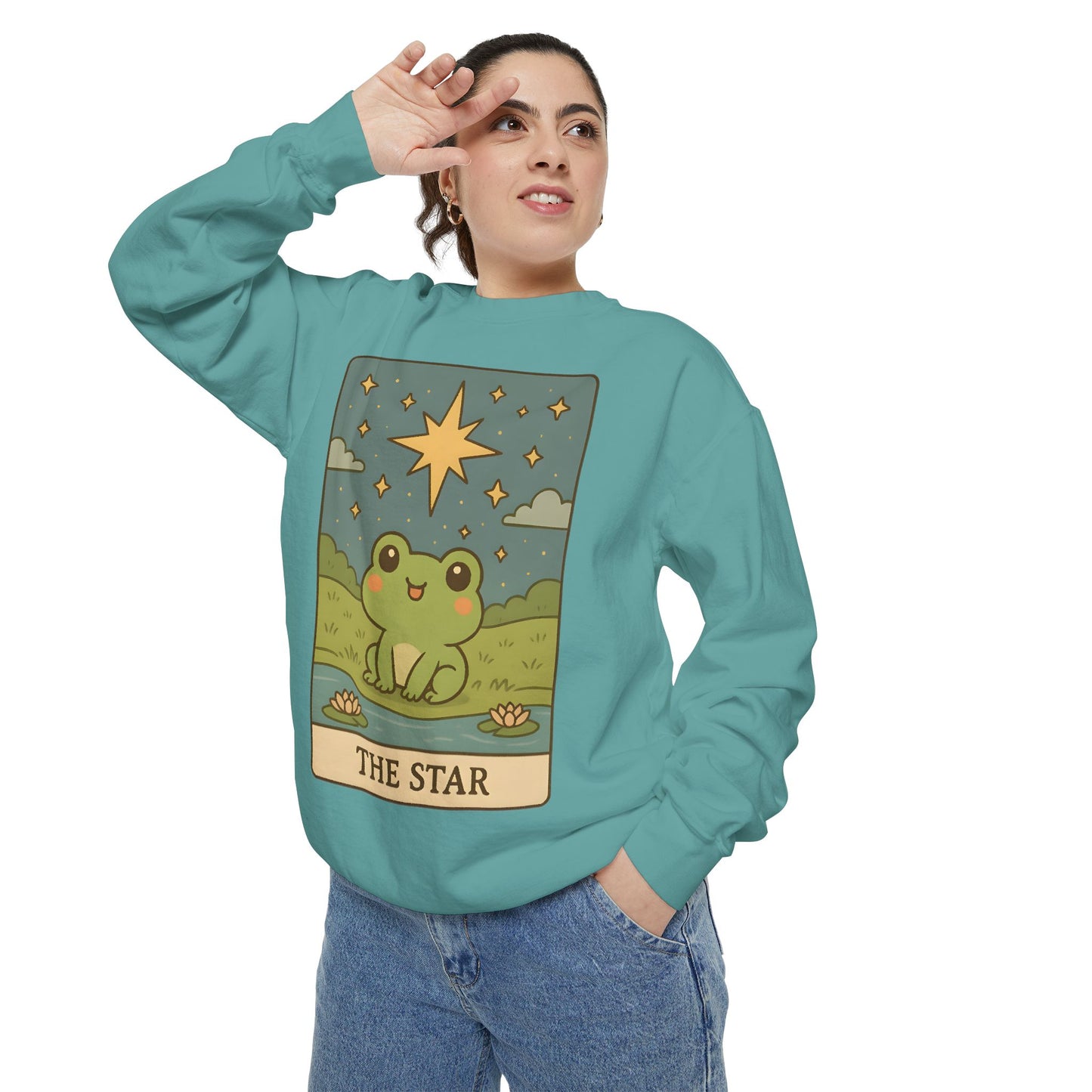 Cozy Tarotoads! "The Star" Unisex Sweatshirt | Frog Design Sweatshirt, Unisex Garment-Dyed Sweatshirt, Cute Gift for Frog Lovers, Relaxed Fit Apparel, Comfy Casual Wear, Perfect for Gifts!