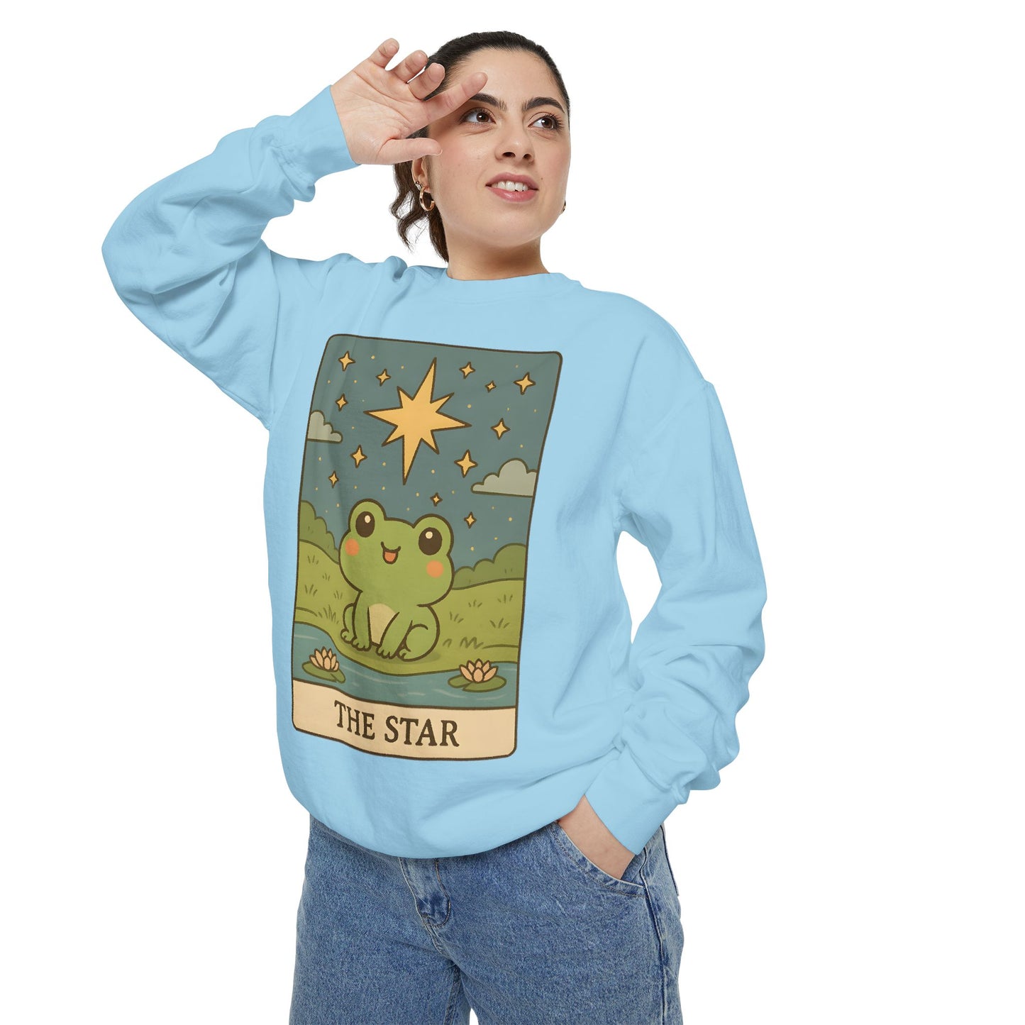 Cozy Tarotoads! "The Star" Unisex Sweatshirt | Frog Design Sweatshirt, Unisex Garment-Dyed Sweatshirt, Cute Gift for Frog Lovers, Relaxed Fit Apparel, Comfy Casual Wear, Perfect for Gifts!