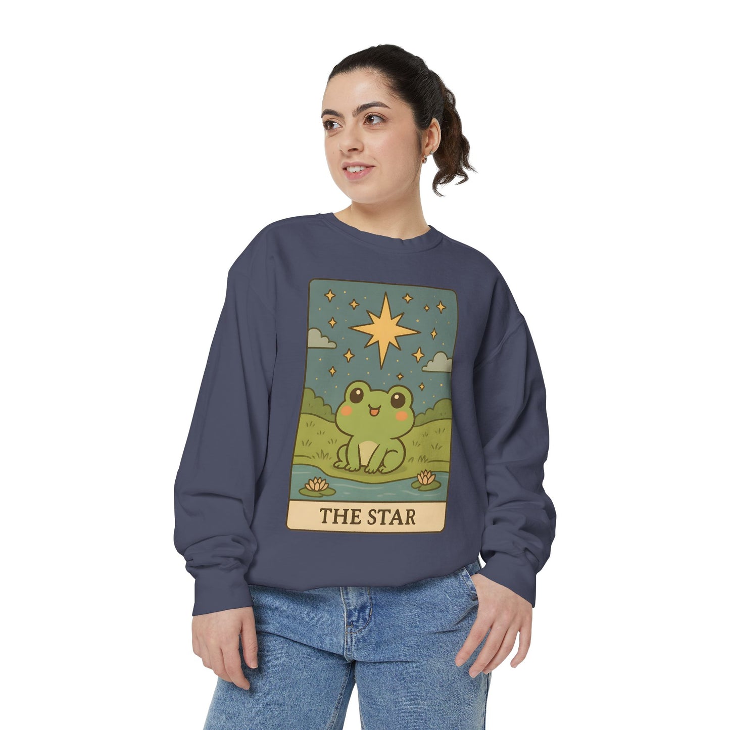 Cozy Tarotoads! "The Star" Unisex Sweatshirt | Frog Design Sweatshirt, Unisex Garment-Dyed Sweatshirt, Cute Gift for Frog Lovers, Relaxed Fit Apparel, Comfy Casual Wear, Perfect for Gifts!