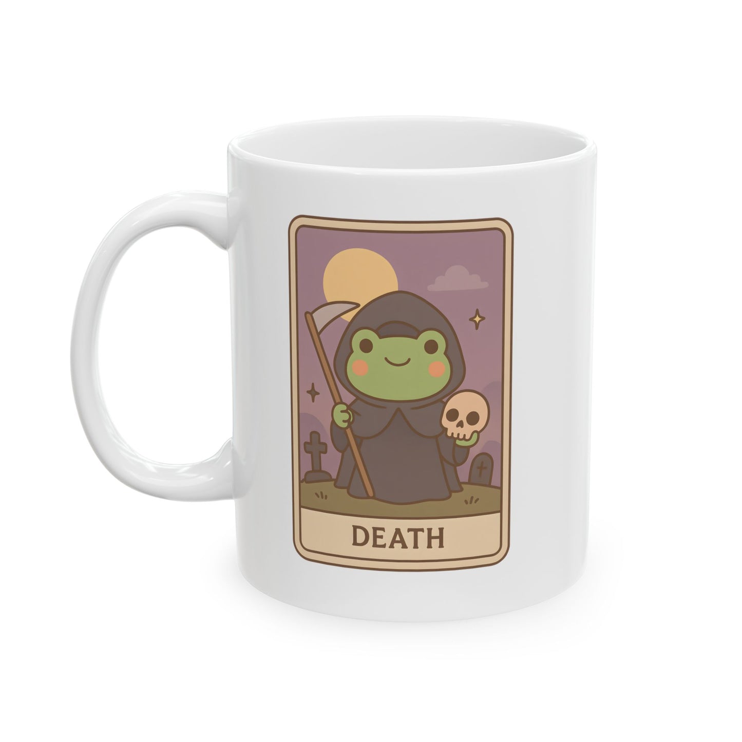 Adorable Tarotoads! "Death" White Ceramic Mug | Cozy Frog Witchy Magical Design, Cute Coffee Cup, Unique Tea Mug, Gift for Space Lovers, Home Decor