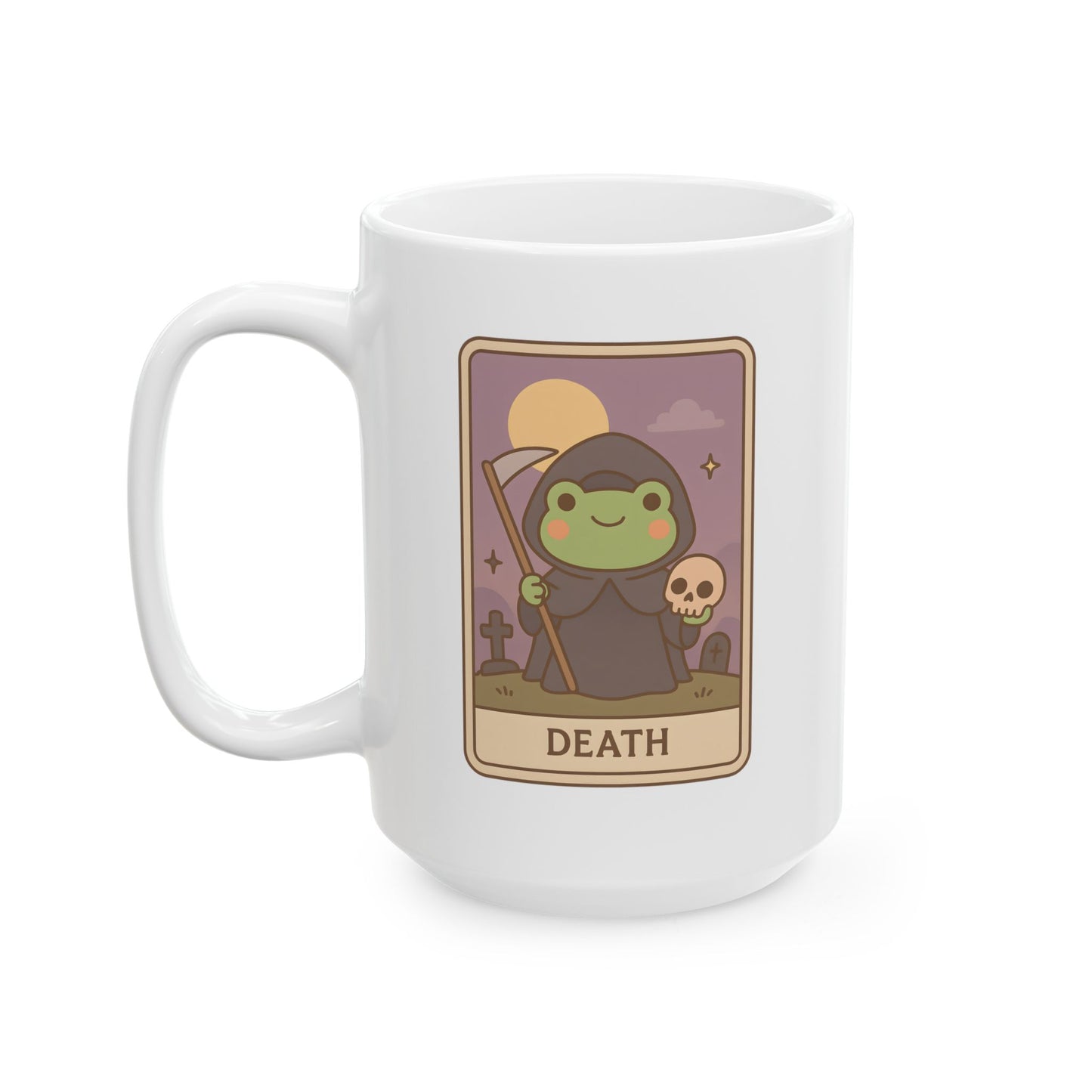 Adorable Tarotoads! "Death" White Ceramic Mug | Cozy Frog Witchy Magical Design, Cute Coffee Cup, Unique Tea Mug, Gift for Space Lovers, Home Decor