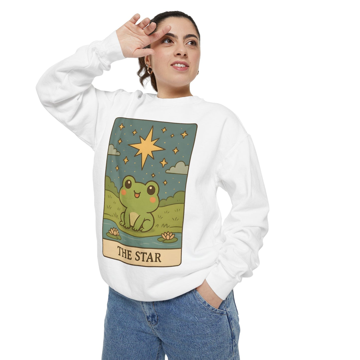 Cozy Tarotoads! "The Star" Unisex Sweatshirt | Frog Design Sweatshirt, Unisex Garment-Dyed Sweatshirt, Cute Gift for Frog Lovers, Relaxed Fit Apparel, Comfy Casual Wear, Perfect for Gifts!