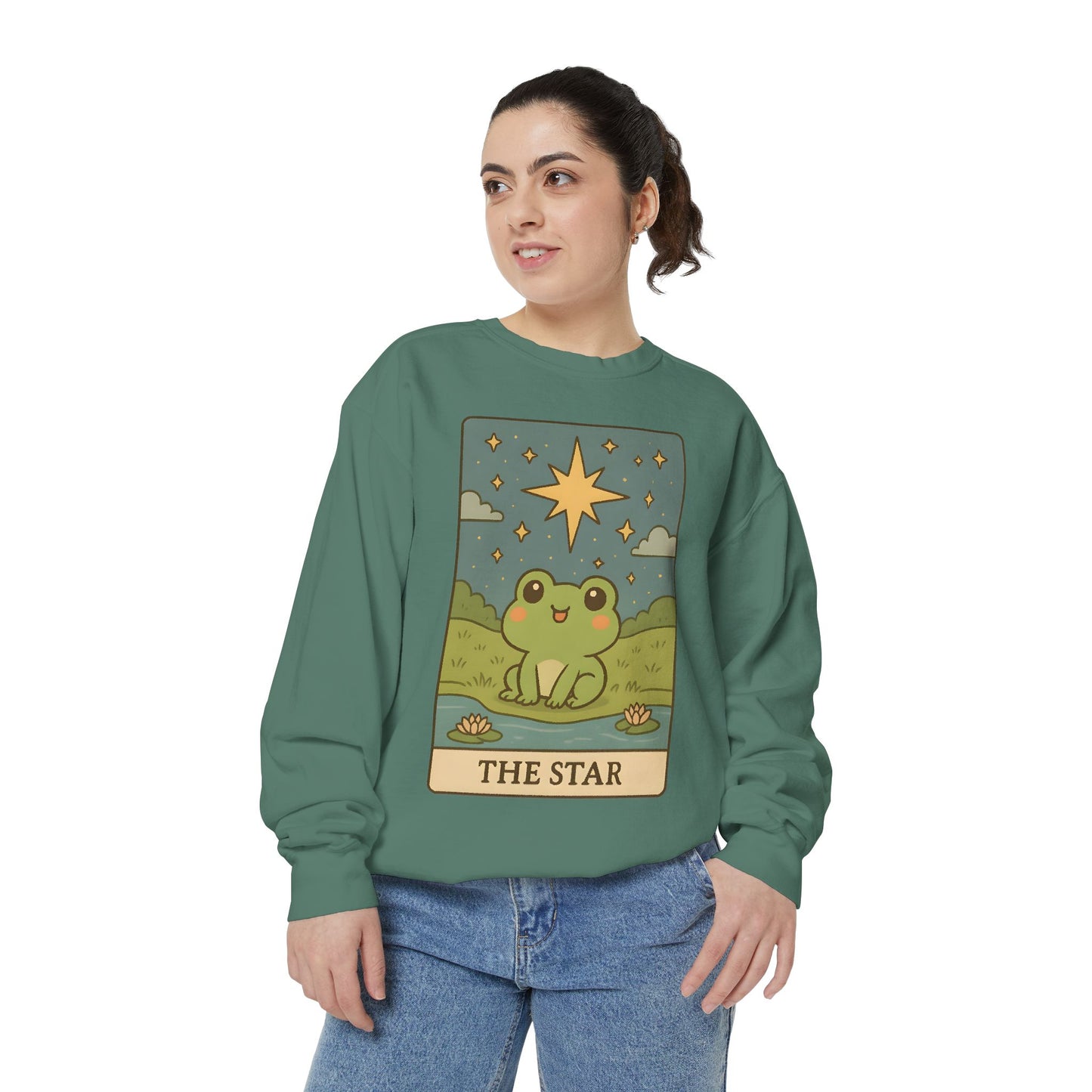 Cozy Tarotoads! "The Star" Unisex Sweatshirt | Frog Design Sweatshirt, Unisex Garment-Dyed Sweatshirt, Cute Gift for Frog Lovers, Relaxed Fit Apparel, Comfy Casual Wear, Perfect for Gifts!