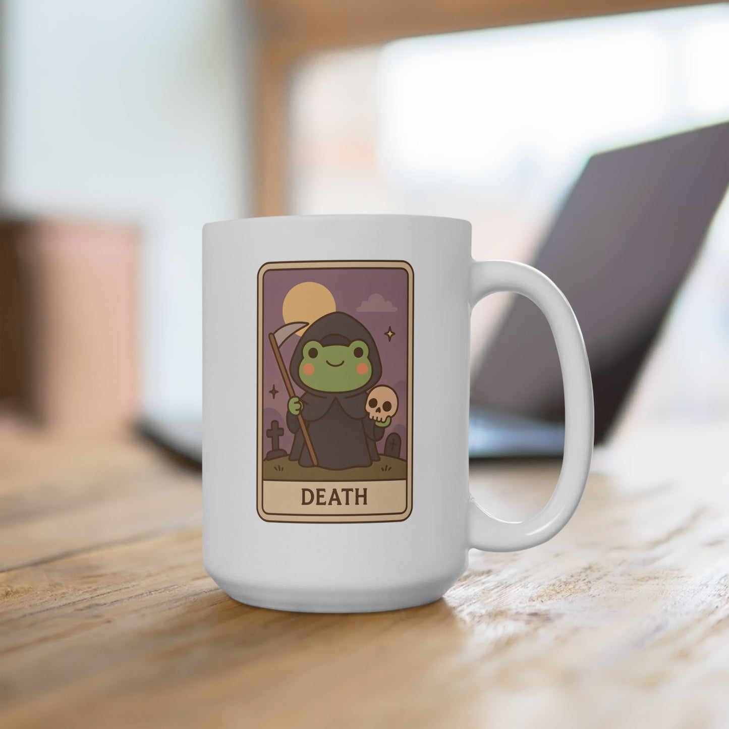 Adorable Tarotoads! "Death" White Ceramic Mug | Cozy Frog Witchy Magical Design, Cute Coffee Cup, Unique Tea Mug, Gift for Space Lovers, Home Decor