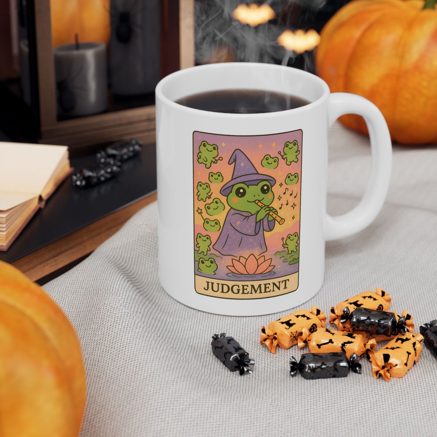 Adorable Tarotoads! "Judgement" White Ceramic Mug - Share Magical Moments, Nature Lover Gift, Customizable Mug, Inspirational Quote, Unique Kitchenware
