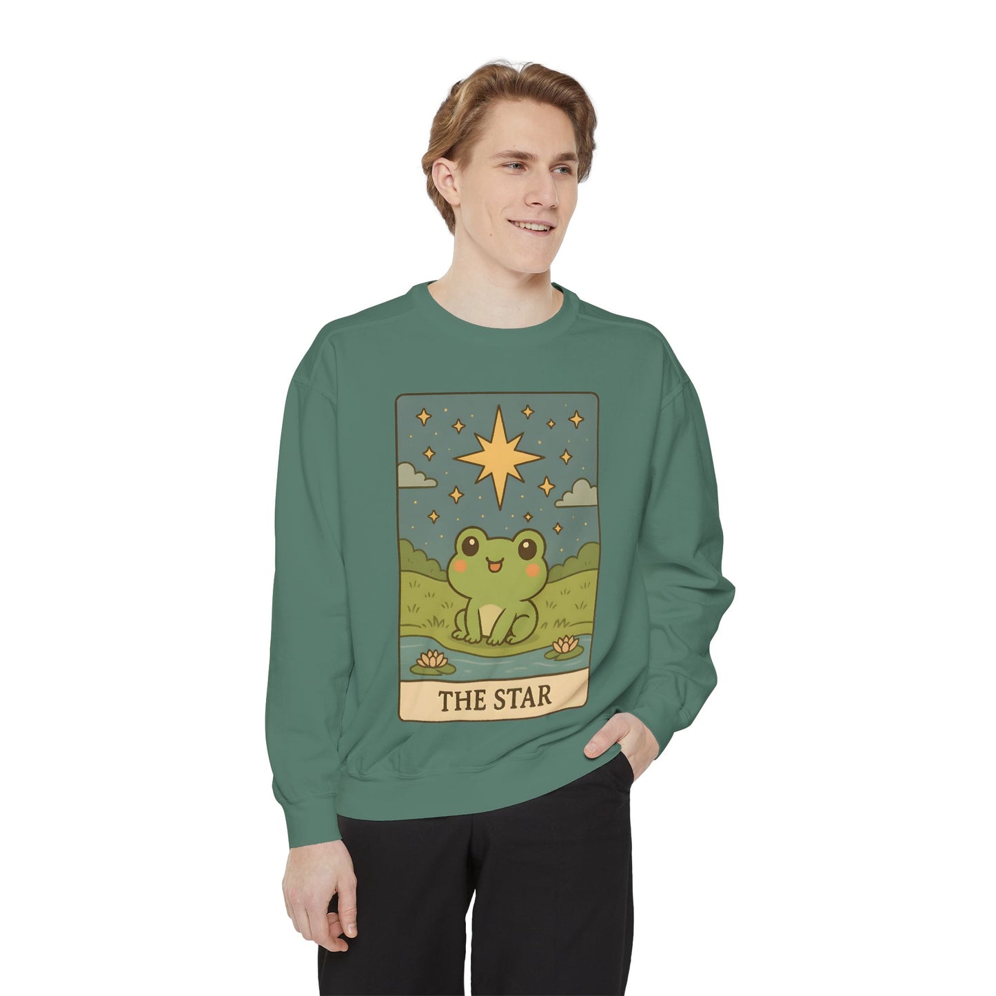 Cozy Tarotoads! "The Star" Unisex Sweatshirt | Frog Design Sweatshirt, Unisex Garment-Dyed Sweatshirt, Cute Gift for Frog Lovers, Relaxed Fit Apparel, Comfy Casual Wear, Perfect for Gifts!