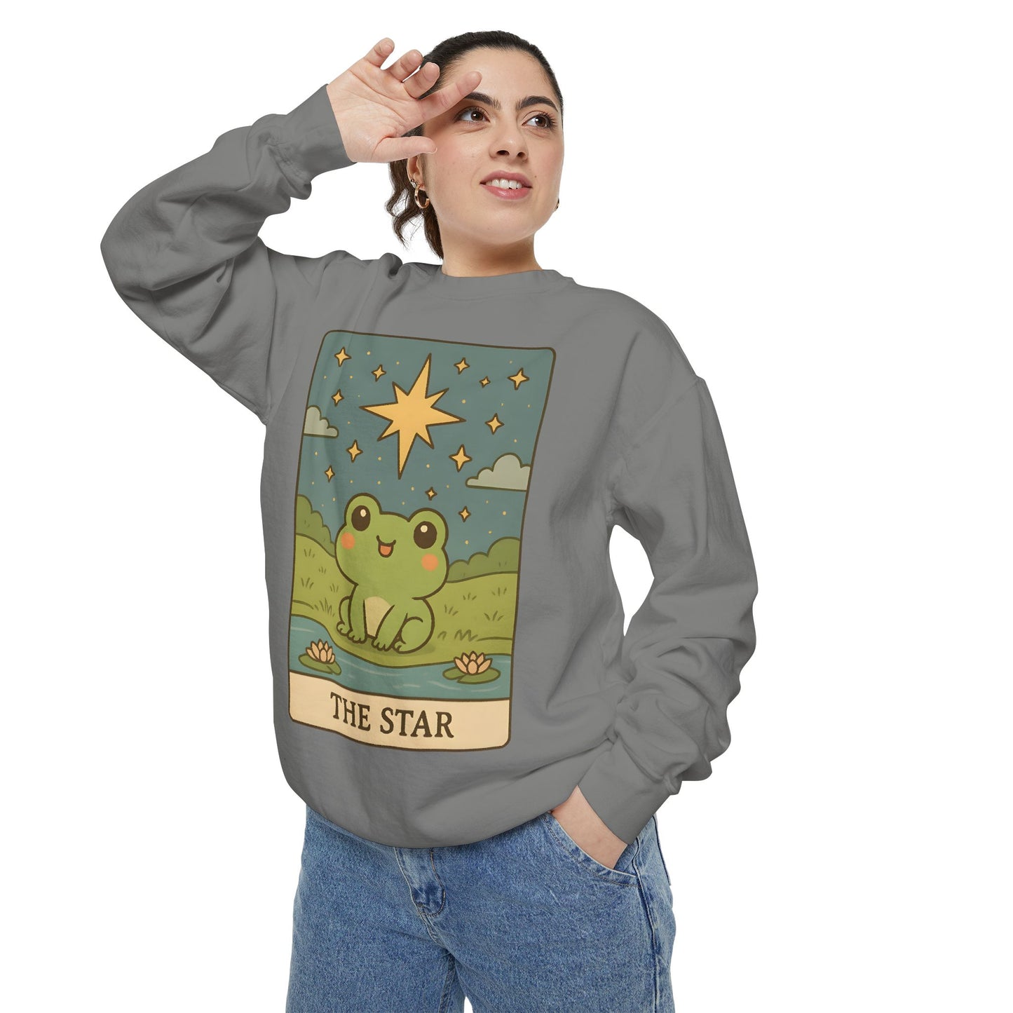 Cozy Tarotoads! "The Star" Unisex Sweatshirt | Frog Design Sweatshirt, Unisex Garment-Dyed Sweatshirt, Cute Gift for Frog Lovers, Relaxed Fit Apparel, Comfy Casual Wear, Perfect for Gifts!