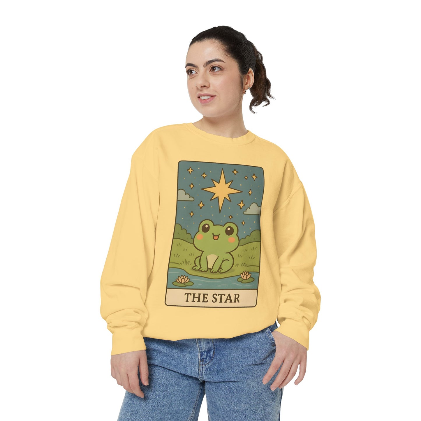 Cozy Tarotoads! "The Star" Unisex Sweatshirt | Frog Design Sweatshirt, Unisex Garment-Dyed Sweatshirt, Cute Gift for Frog Lovers, Relaxed Fit Apparel, Comfy Casual Wear, Perfect for Gifts!