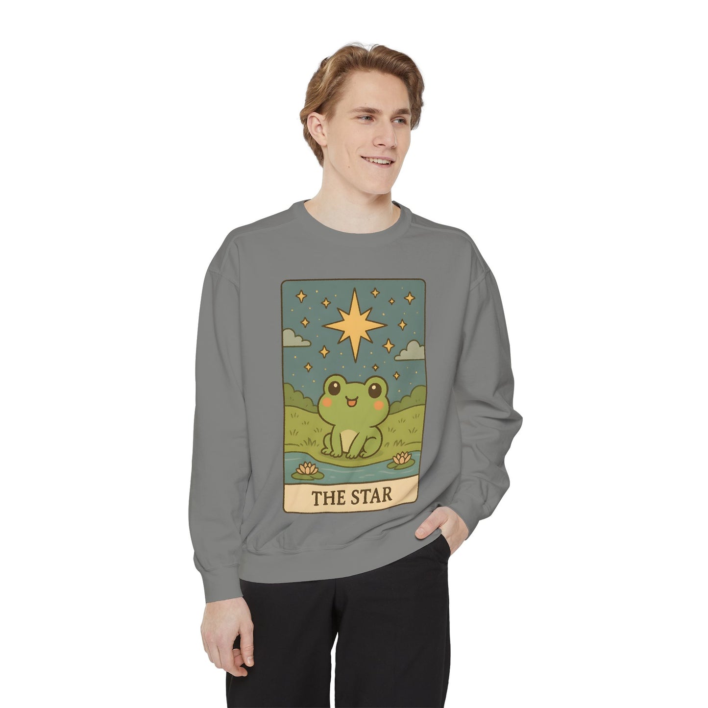 Cozy Tarotoads! "The Star" Unisex Sweatshirt | Frog Design Sweatshirt, Unisex Garment-Dyed Sweatshirt, Cute Gift for Frog Lovers, Relaxed Fit Apparel, Comfy Casual Wear, Perfect for Gifts!
