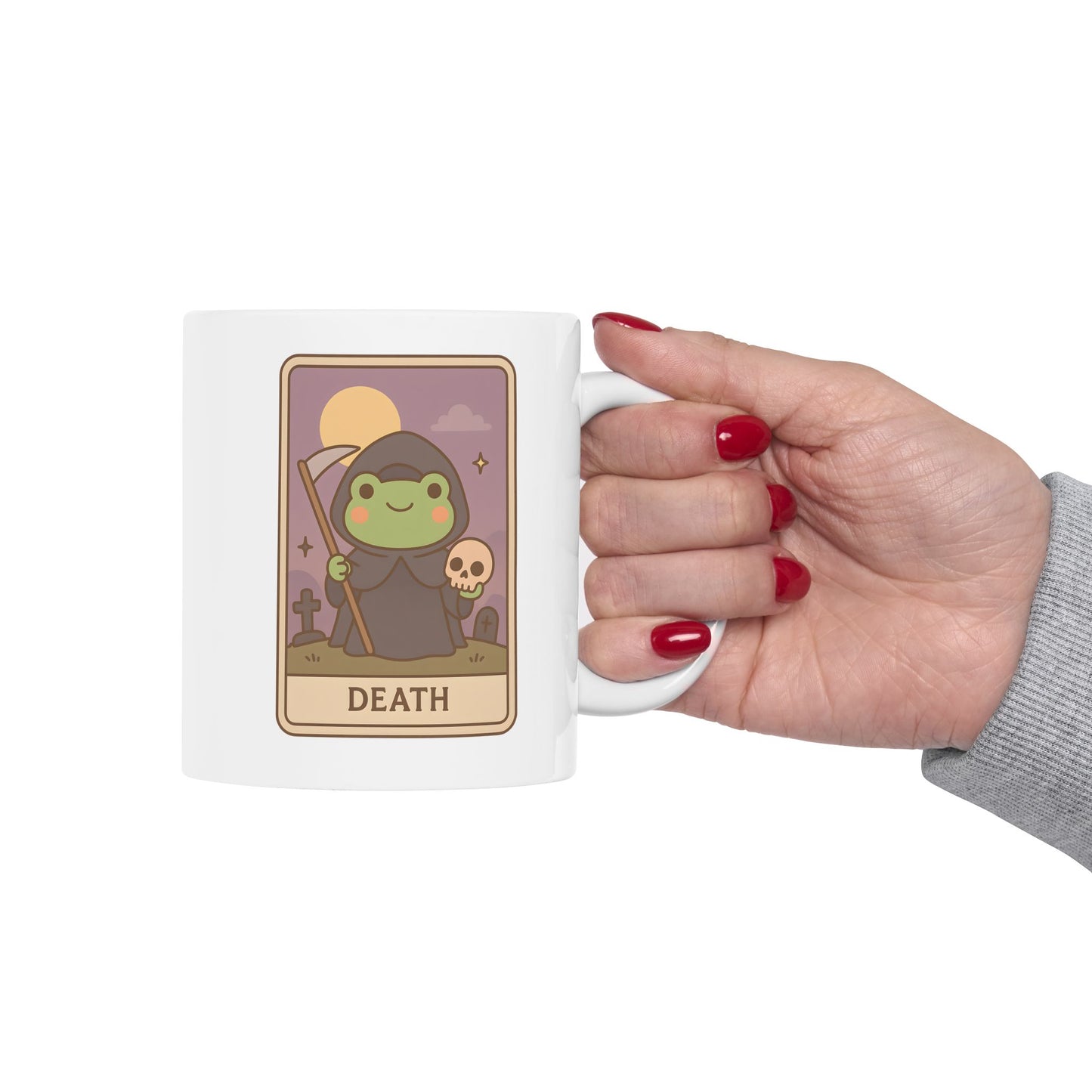 Adorable Tarotoads! "Death" White Ceramic Mug | Cozy Frog Witchy Magical Design, Cute Coffee Cup, Unique Tea Mug, Gift for Space Lovers, Home Decor