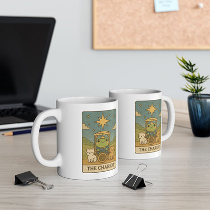 Adorable Tarotoads! "The Chariot" White Ceramic Mug | Perfect for Coffee Lovers, Gift Ideas, Home Office Decor, Birthday, Animal Enthusiasts