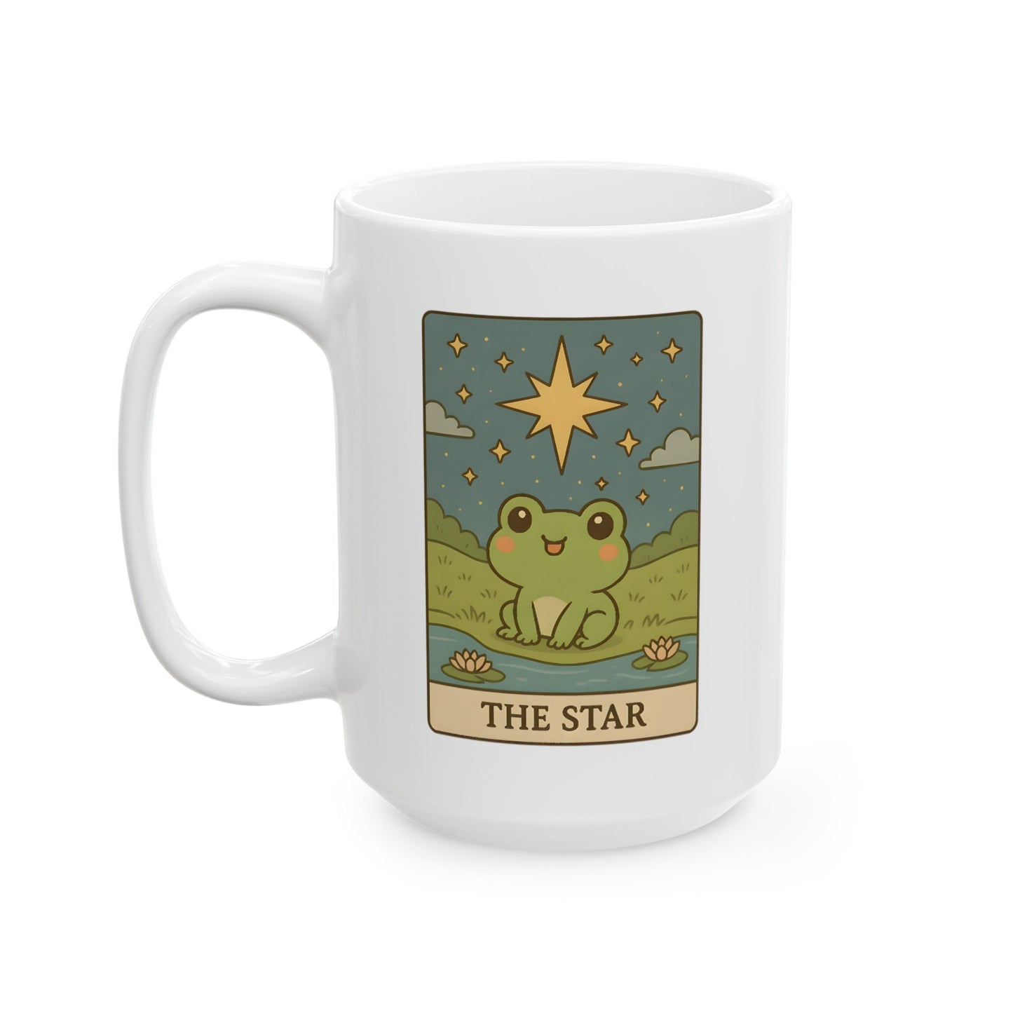 Adorable Tarotoads! "The Star" White Ceramic Mug | Whimsical Nature Ceramic Mug, Coffee Cup Gift, Eco-Friendly Drinkware, Adventure Vibes, Outdoor Lover's Mug