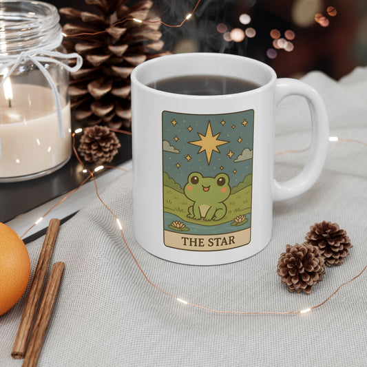 Adorable Tarotoads! "The Star" White Ceramic Mug | Whimsical Nature Ceramic Mug, Coffee Cup Gift, Eco-Friendly Drinkware, Adventure Vibes, Outdoor Lover's Mug