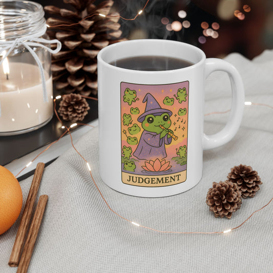 Adorable Tarotoads! "Judgement" White Ceramic Mug - Share Magical Moments, Nature Lover Gift, Customizable Mug, Inspirational Quote, Unique Kitchenware