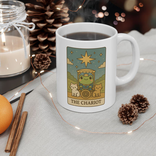 Adorable Tarotoads! "The Chariot" White Ceramic Mug | Perfect for Coffee Lovers, Gift Ideas, Home Office Decor, Birthday, Animal Enthusiasts