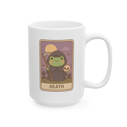 Adorable Tarotoads! "Death" White Ceramic Mug | Cozy Frog Witchy Magical Design, Cute Coffee Cup, Unique Tea Mug, Gift for Space Lovers, Home Decor