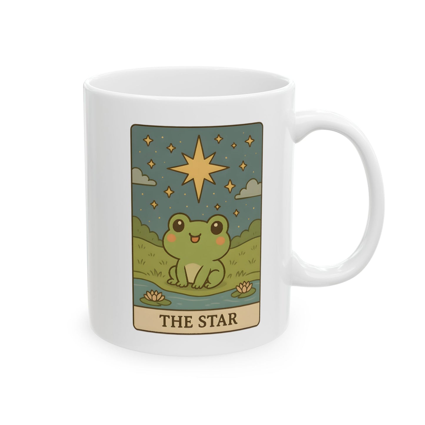 Adorable Tarotoads! "The Star" White Ceramic Mug | Whimsical Nature Ceramic Mug, Coffee Cup Gift, Eco-Friendly Drinkware, Adventure Vibes, Outdoor Lover's Mug