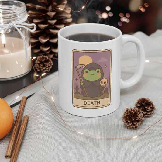 Adorable Tarotoads! "Death" White Ceramic Mug | Cozy Frog Witchy Magical Design, Cute Coffee Cup, Unique Tea Mug, Gift for Space Lovers, Home Decor