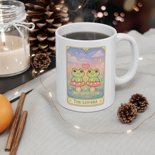 Adorable Tarotoads! "The Lovers" White Ceramic Mug |  Cute Fantasy Design, Gift for Tea Lovers, Home Decor, Coffee Cup, Birthday Present, Cozy Vibes